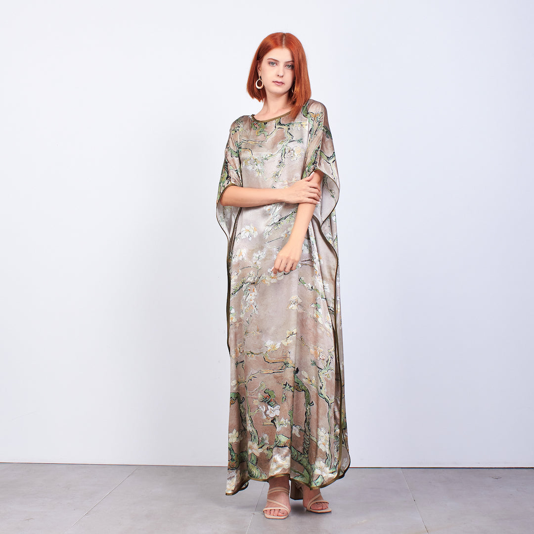 Long Mulberry Pure Silk Dress - Van Gohg Sepia Almond Blossom