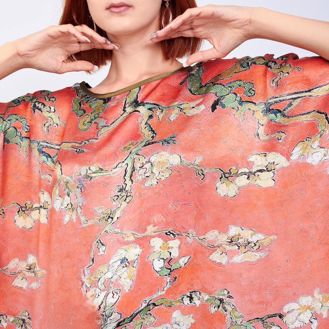 Long Mulberry Pure Silk Dress - Van Gohg Red Almond Blossom