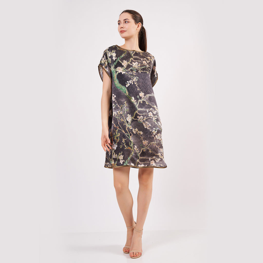 Short Mulberry Silk Dress Free Flow - Almond Blossoms Van Gohg