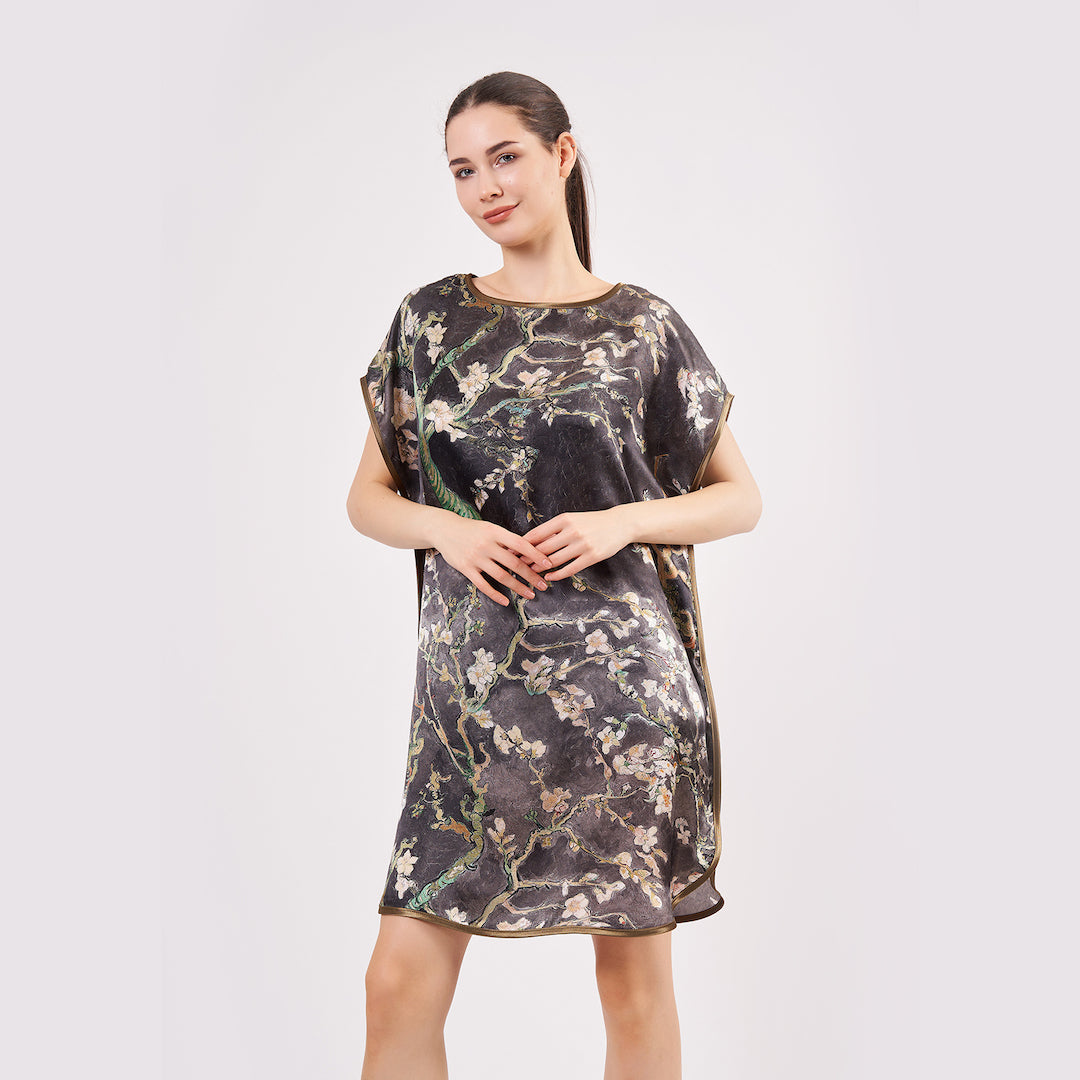 Short Mulberry Silk Dress Free Flow - Almond Blossoms Van Gohg