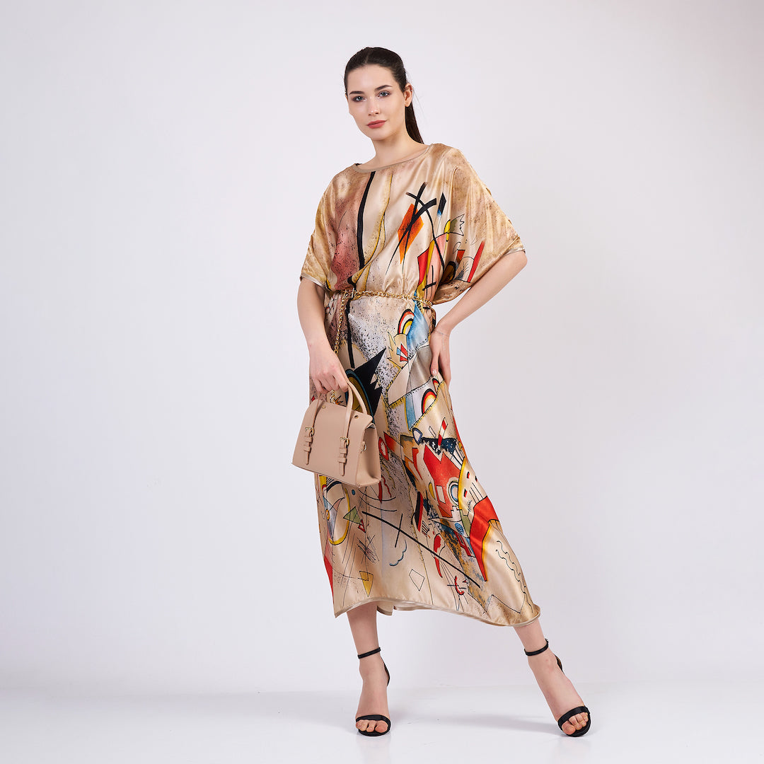 Long Mulberry Pure Silk Dress - Kandinsky Bustling Aquarelle